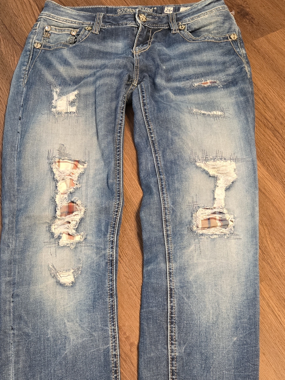 Miss Me Women's Skinny Distressed Light Blue Jeans with Plaid Patch